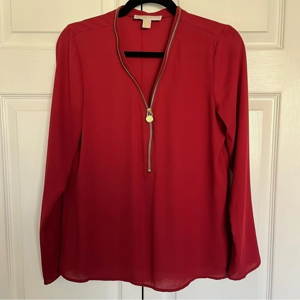 Michael Kors Gold Zipper Red Blouse Size S